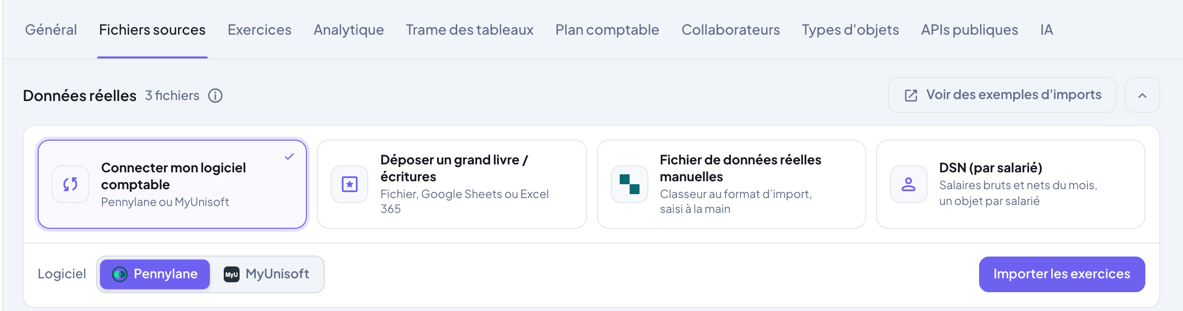 Budgetic, Paramètres, onglet Fichiers sources : la tuile Connecter mon logiciel comptable est sélectionnée, le logiciel Pennylane est choisi et le bouton Importer les exercices est affiché.