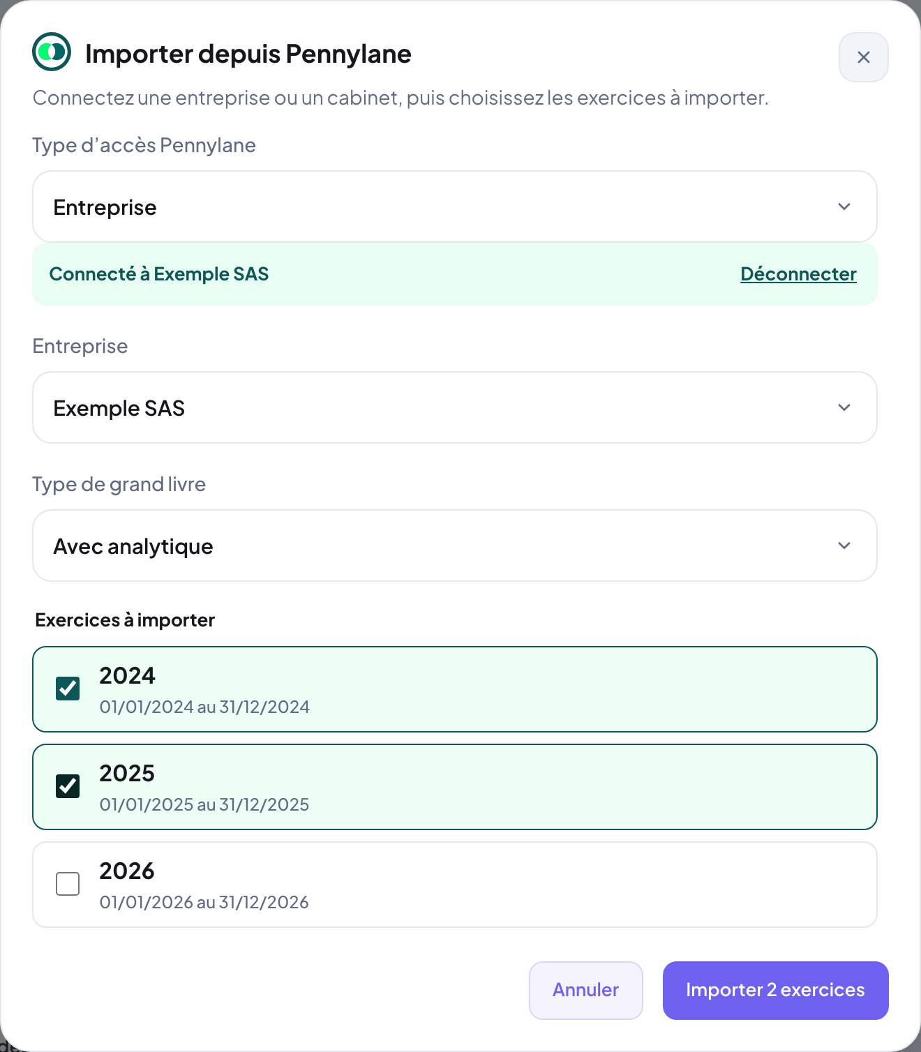 Fenêtre Importer depuis Pennylane connectée à l'entreprise Exemple SAS : grand livre avec analytique, exercices 2024 et 2025 cochés, bouton Importer 2 exercices.